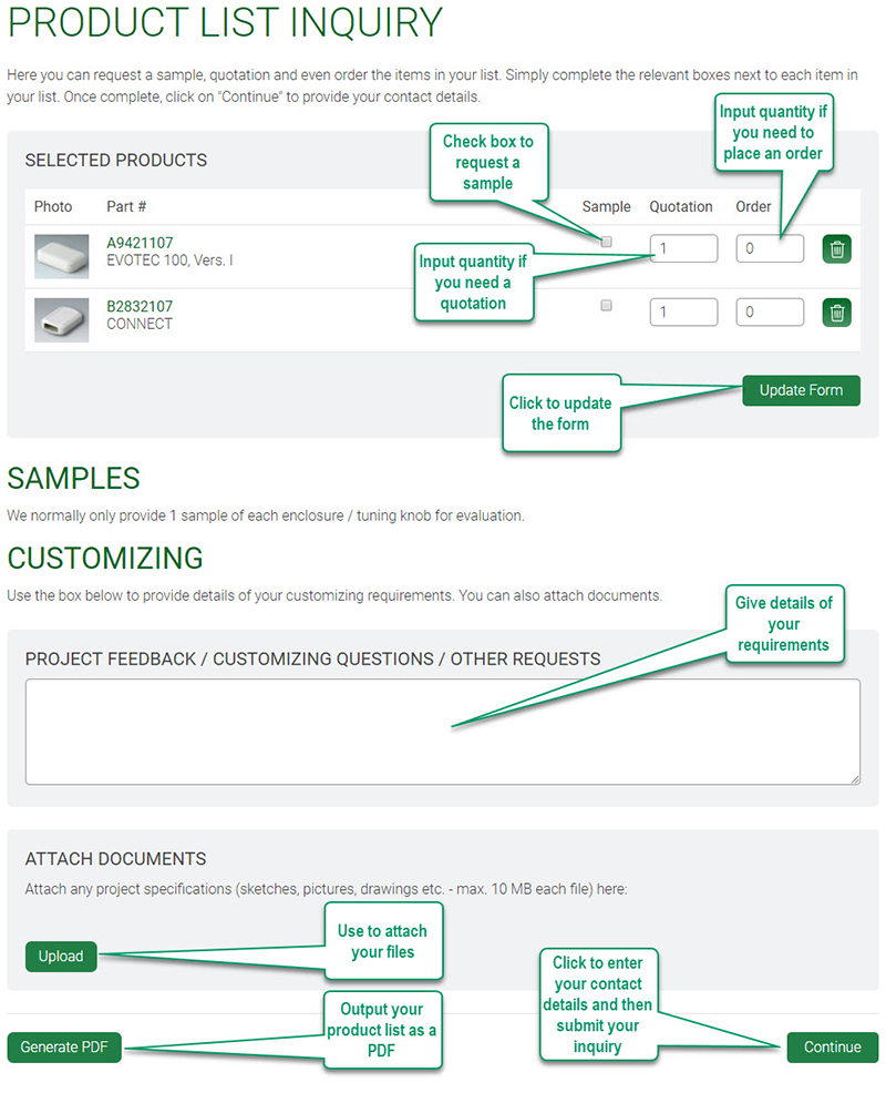 How to use the Product List Inquiry Form