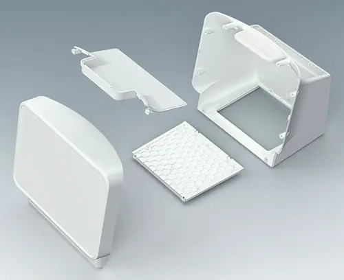 Four-part design: basic housing, operating panel, handle recess panel and bottom panel
