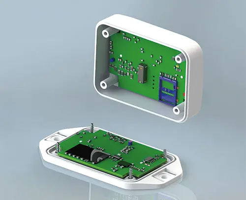 Fixing supports for mounting PCBs in top and bottom parts, secure mounting by means of hot caulking